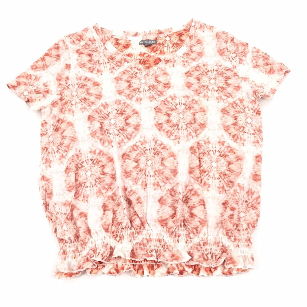 Falls Creek Tye Dye Short Sleeve Blouse Top Size Large Womens Coral Orange White